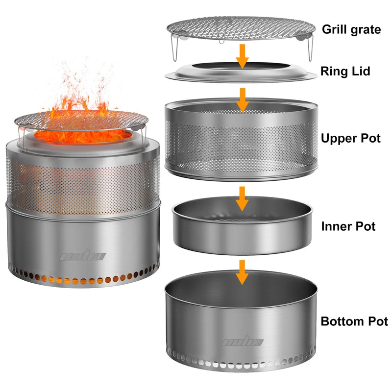 19-Inch Smokeless Fire Pit with Carry Bag - Portable Stainless Steel Camping Stove