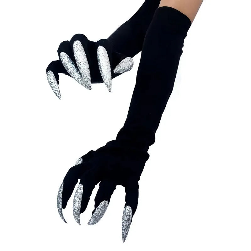 Halloween Cat Wolf Nail Gloves with Glitter Long Nails Cosplay Costume