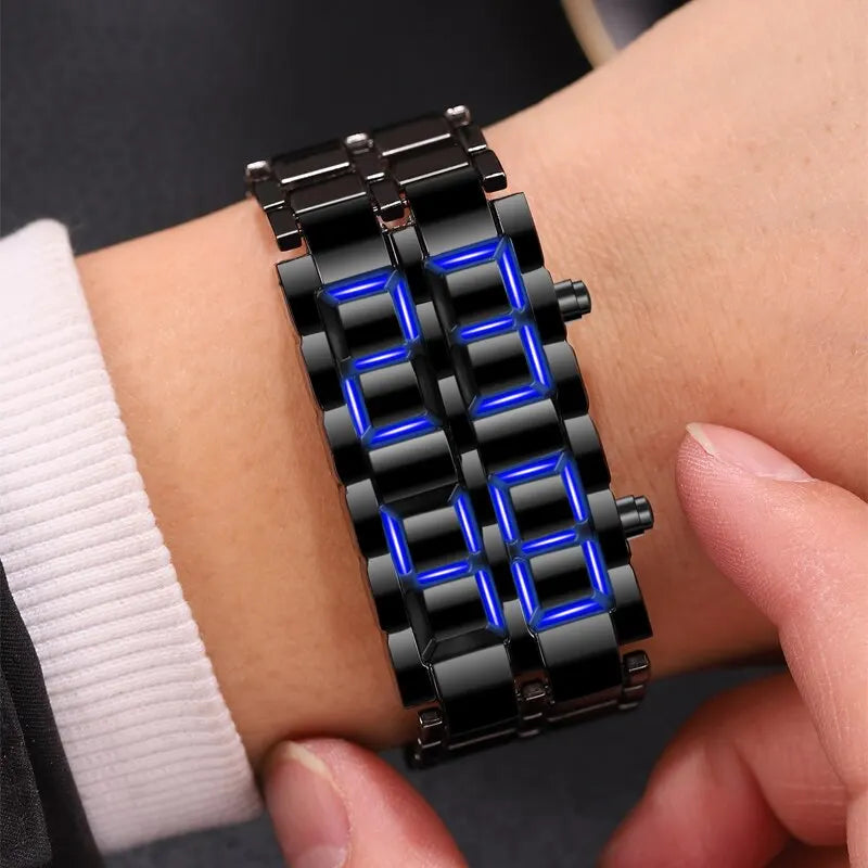 Digital LED Wrist Watch for Men - Full Metal Lava Design, Blue Display, Alarm