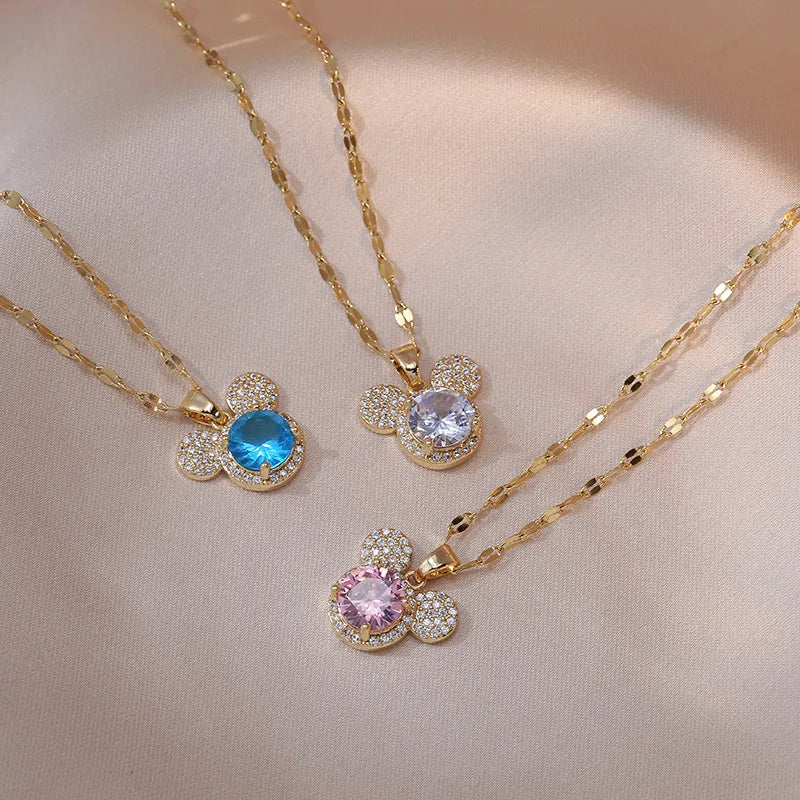 Cartoon Mouse Head Necklaces for Women Girls - Zircon Crystal Jewelry Gift