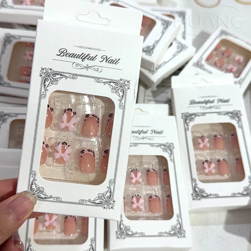 24Pcs Short Square Leopard French False Nails with Bowknot - Autumn & Winter Wearable Fake Nails