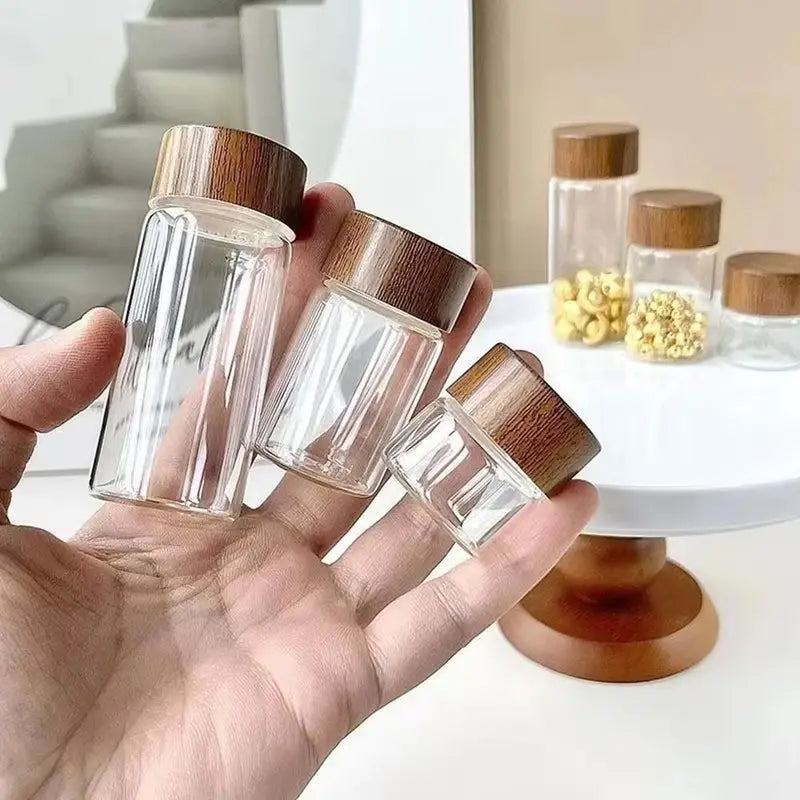 Mini Glass Spice Jars with Wooden Lid Set - Food Grade Sealed Bottles
