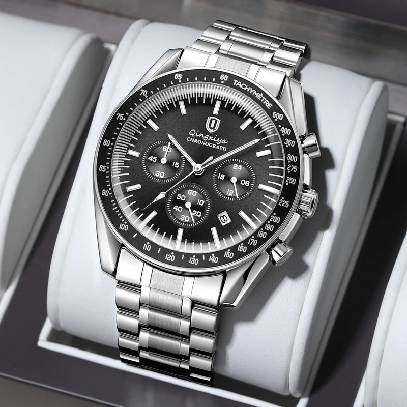 Men's Waterproof Quartz Watch with Luminous Dial and Stainless Steel Band
