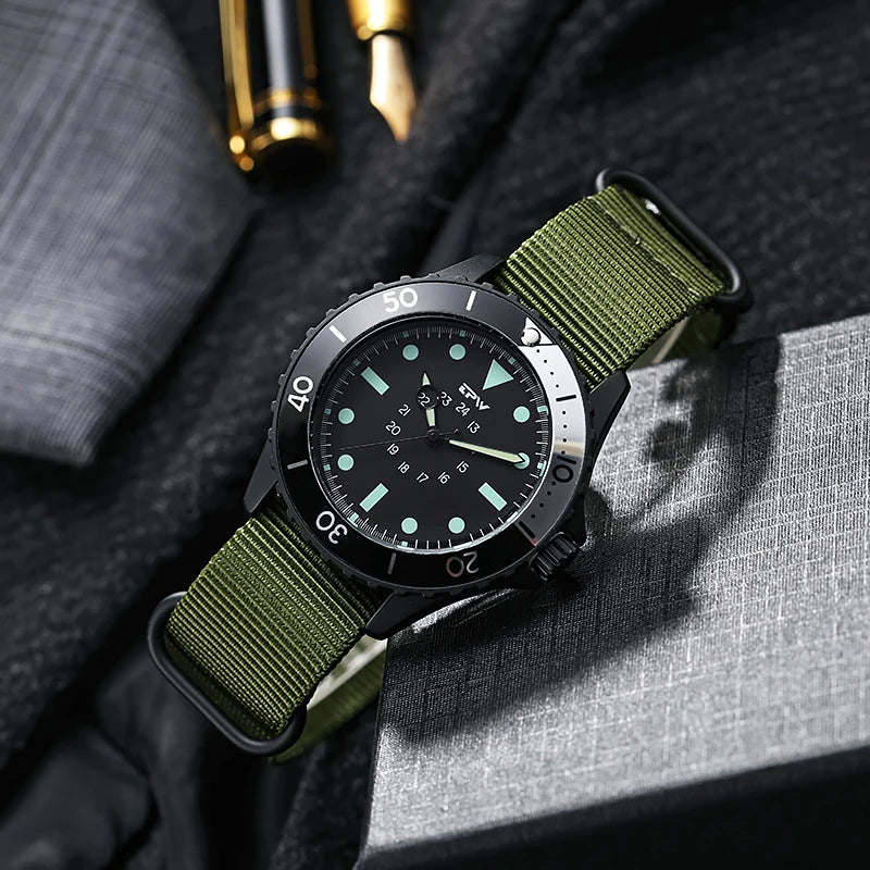 Diver Style Field Watch 40mm Case with Rotating Bezel and Nylon Strap - Multiple Colors