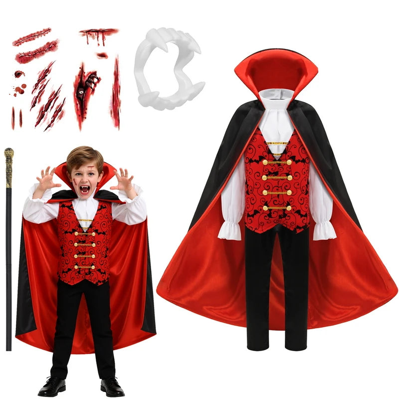 Kids Vampire Cosplay Costume Set with Walking Cane and False Teeth - Halloween Carnival