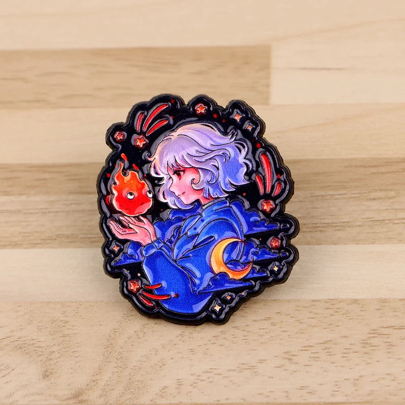 3-Piece Anime Enamel Pin Set Cartoon Fire Brooches for Clothing & Gift