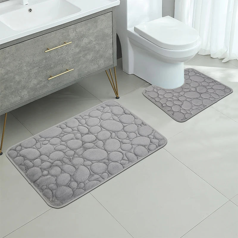 Embroidery Pebble Coral Velvet Floor Mat Set U-Shaped Sponge Absorbent Door Bathroom Rug