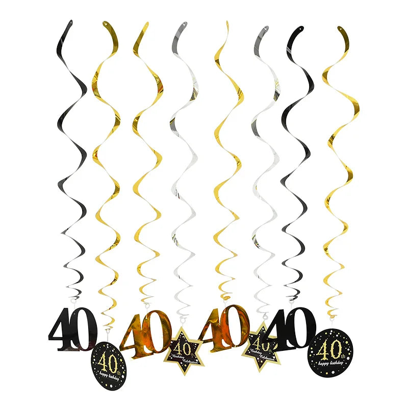 8pcs Ceiling Hanging Decor Spiral Garland Party Decorations - Black & Gold
