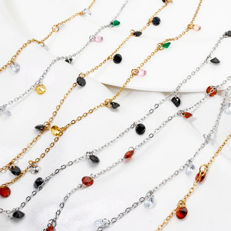 Multicolor Rhinestone Link Chain Anklet for Women - 22cm Fashion Jewelry Gift