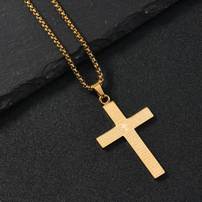 Stainless Steel Christian Prayer Cross Pendant Necklace for Men Women Jewelry