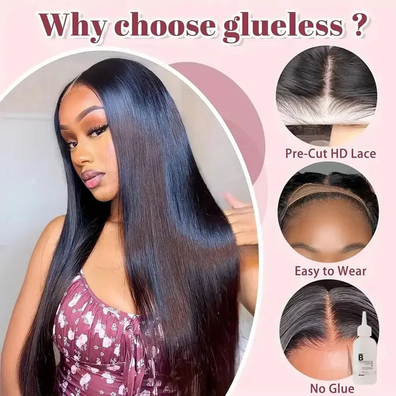 Pre Plucked 40 Inch Human Hair Wigs with Lace Frontal & Baby Hair, Glueless, Bone Straight