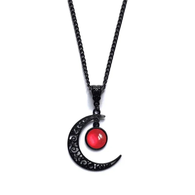 Women Gothic Moon Necklace with Colorful Stone Pendant - Punk Witch Jewelry