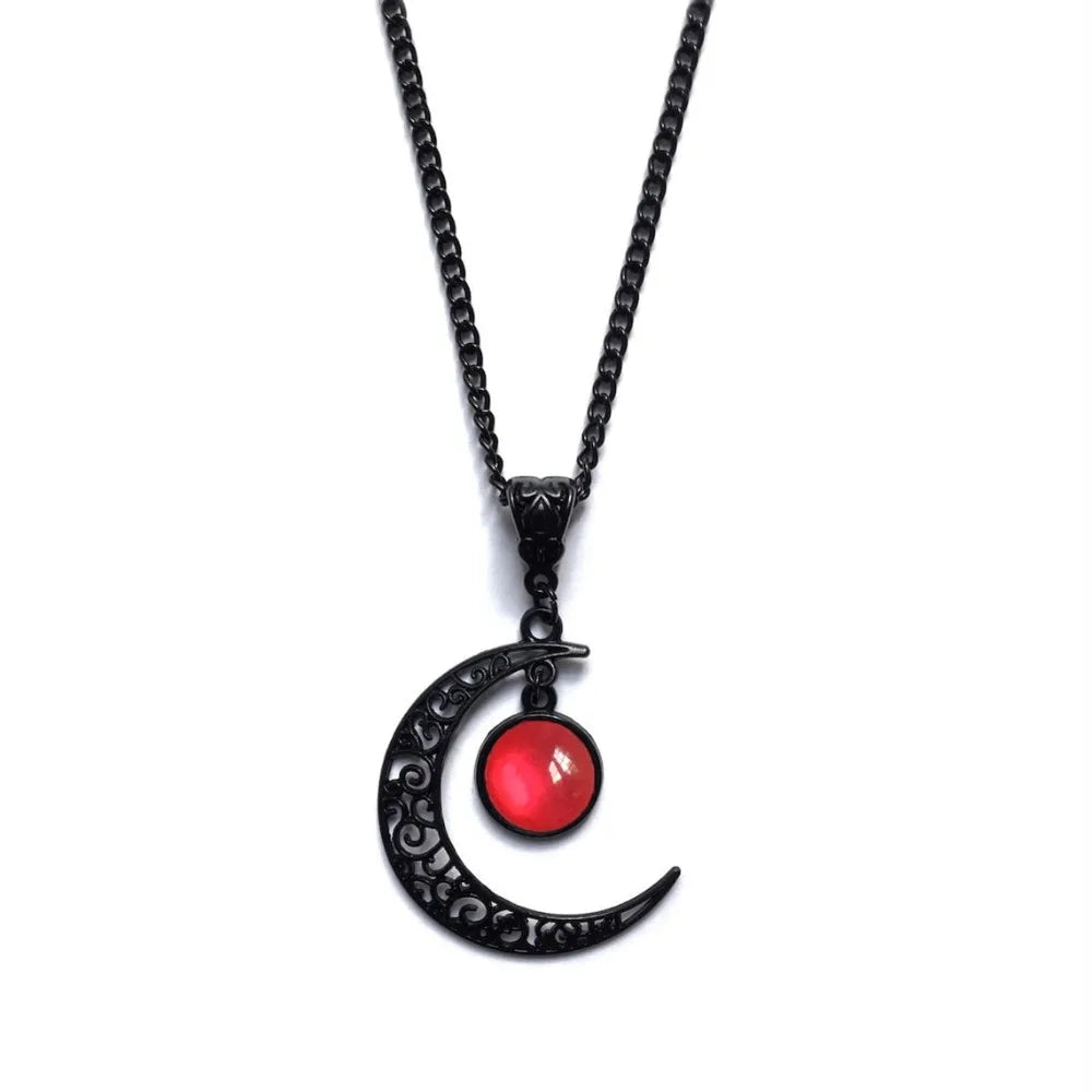 Women Gothic Moon Necklace with Colorful Stone Pendant - Punk Witch Jewelry