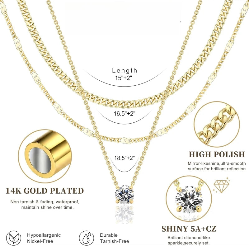 Women Layered 14K Gold Necklace Set with Cubic Zirconia Pendant - Dainty & Stackable