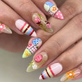 24pcs Vintage French Style Press On Nails with Cartoon Ladybug Button Designs - Coffin Fake Nails in Blue, Brown, Green, Ivory, Beige