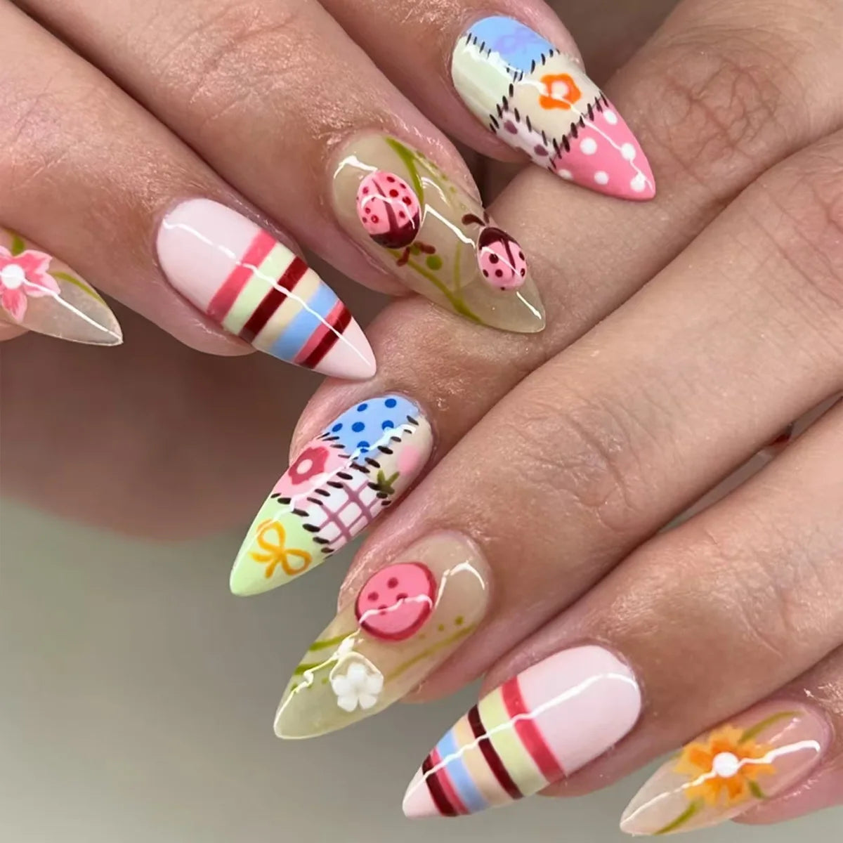 24pcs Vintage French Style Press On Nails with Cartoon Ladybug Button Designs - Coffin Fake Nails in Blue, Brown, Green, Ivory, Beige
