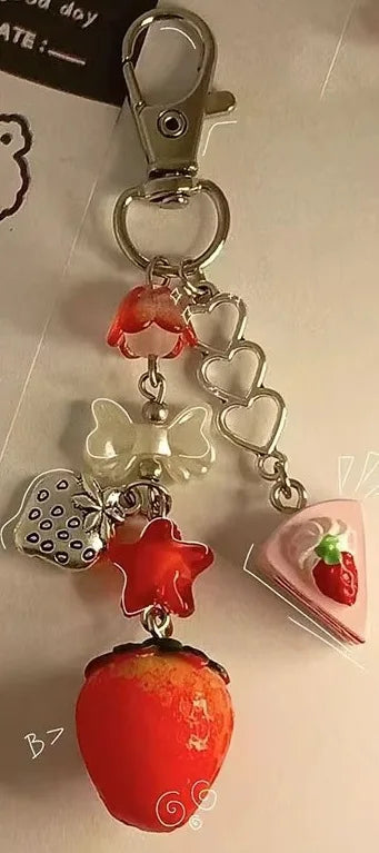 Y2K Handmade Fruit Keychain Set - Strawberry & Peach Fairytale Charm for Girls