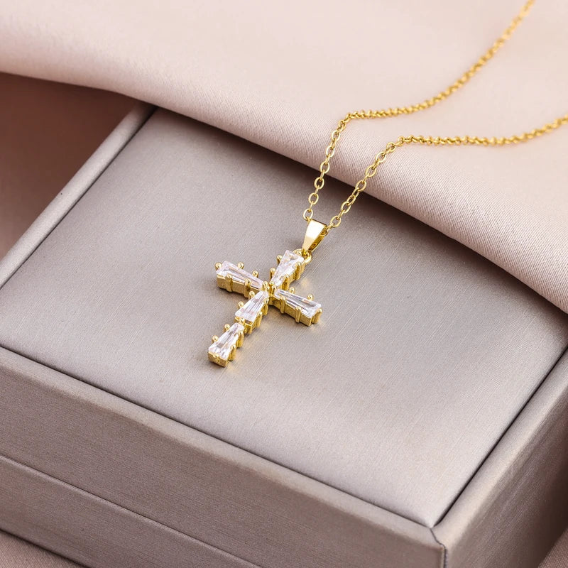 Sparkly Zircon Crystal Cross Pendant Necklace for Women Stainless Steel Chain Jewelry