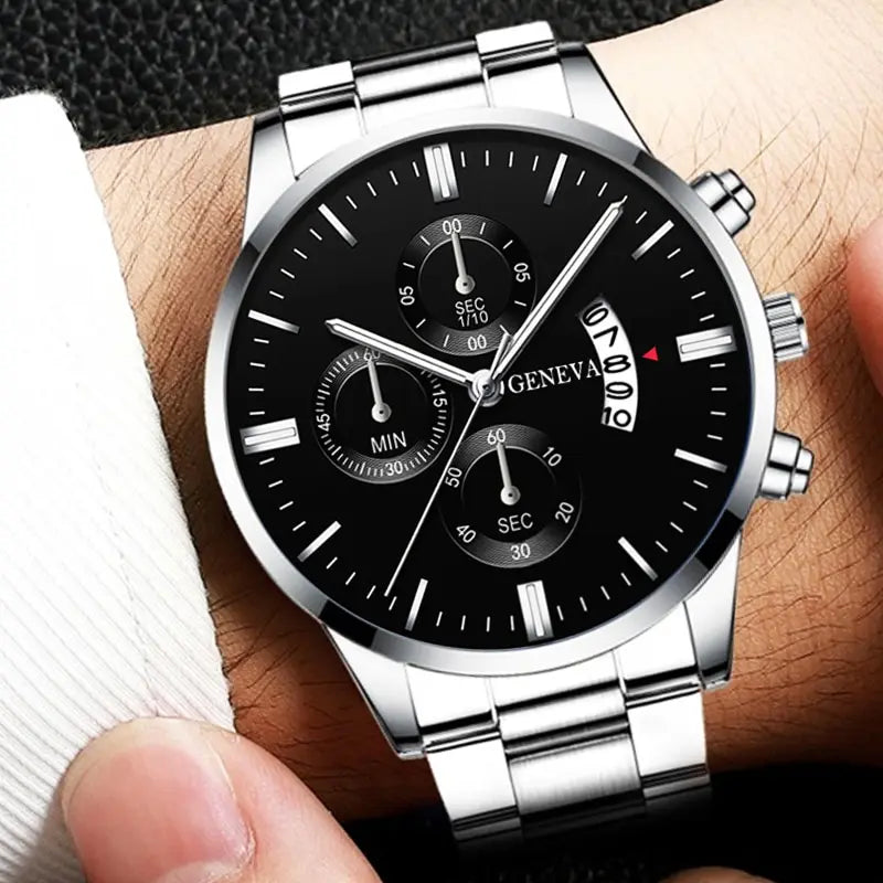Men's Luxury Silver Stainless Steel Quartz Watch with Calendar
