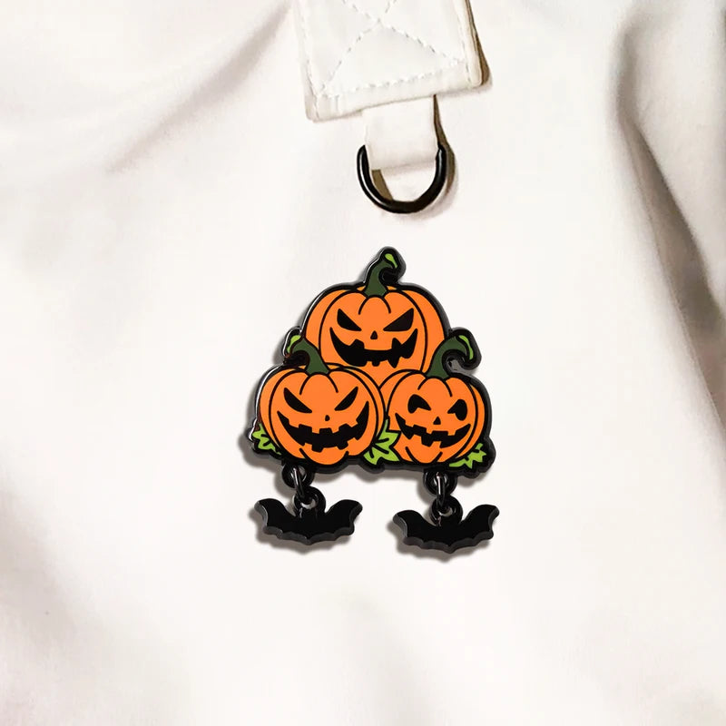Halloween Jack-o'-Lantern Brooch with Bat Pendant - Horror Themed Accessories