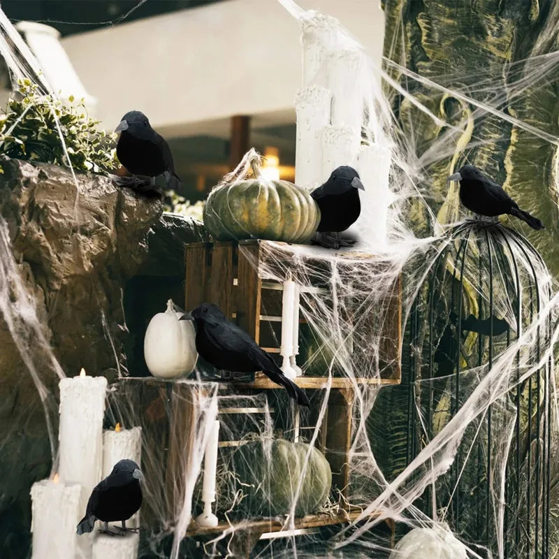 Lifelike Black Crow Halloween Decorations Set of 6 - Faux Feather Crows for Party & Garden