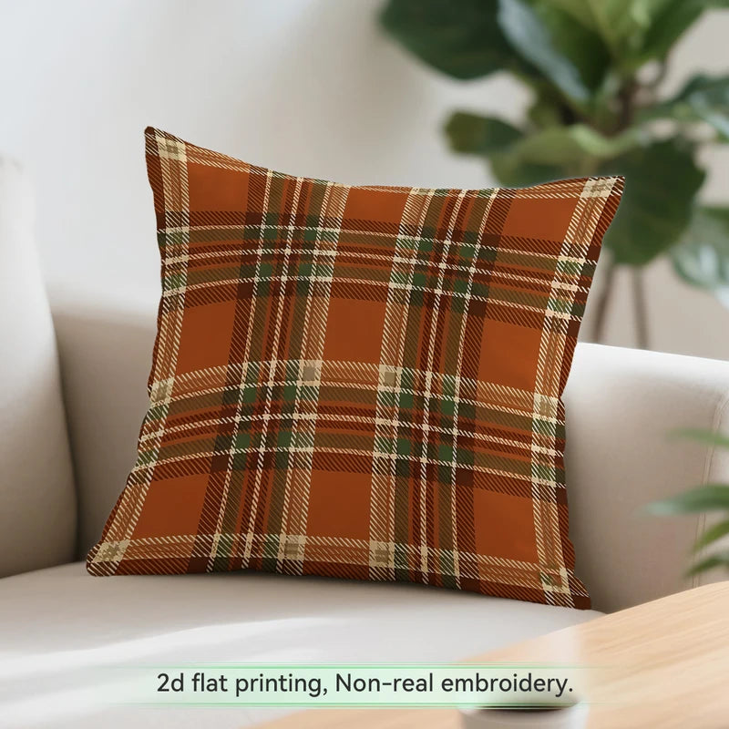 Warm Orange Plaid Harvest Pumpkin Cushion Cover - 45x45cm Polyester Decor Pillowcase