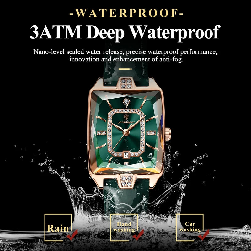 Women’s Waterproof Leather Watch with Date Function - Rectangle Quartz Watch