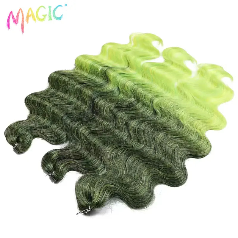 Long Synthetic Body Wave Crochet Hair Extensions 24 Inch Ombre Blue Green