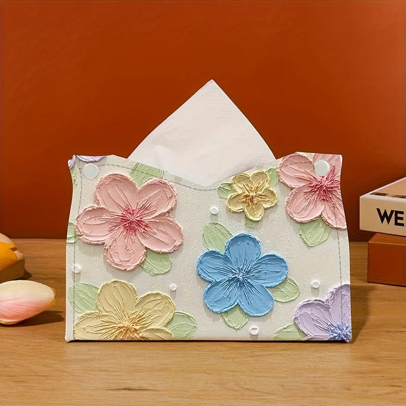 Elegant Floral Tissue Box - Oil Painting Style Desktop Storage for Living Room & Dining