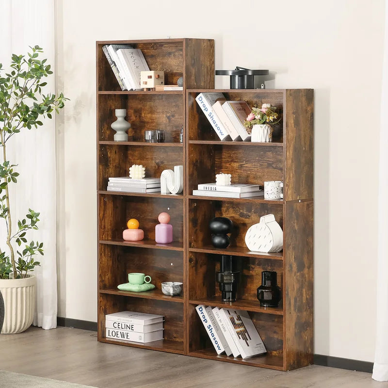 6-Tier Wooden Floor Standing Bookcase - Tall Open Shelving for Living Room & Home Office