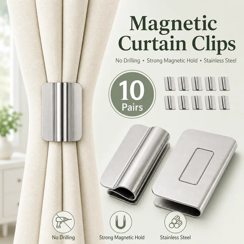 Magnetic Stainless Steel Curtain Clip Set - No Drill Light Blocking Closure Clips