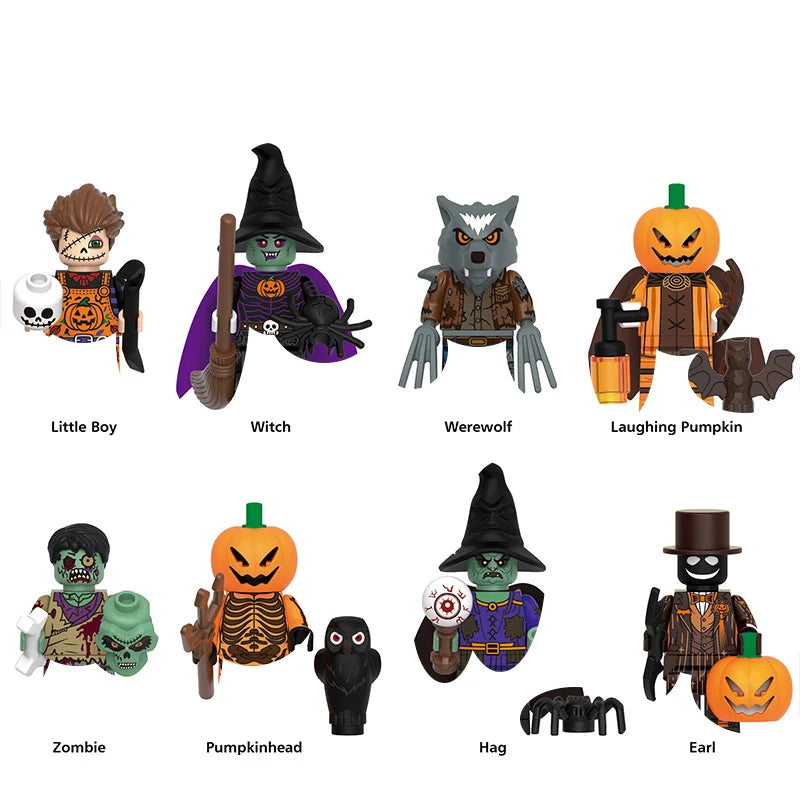Halloween Werewolf Zombie Pumpkinhead Action Figure Set with Brooms Skulls Bats Collectible Building Blocks