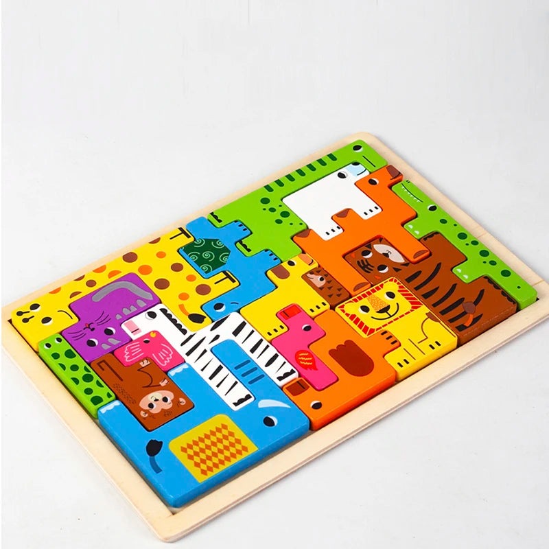 Montessori Animal Characters Wooden Puzzle for Kids - Transportation and Russian Blocks