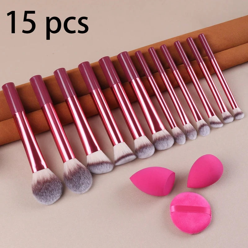 15-Piece Makeup Brush and Puff Set with Soft Sponges - Portable Cosmetic Tools