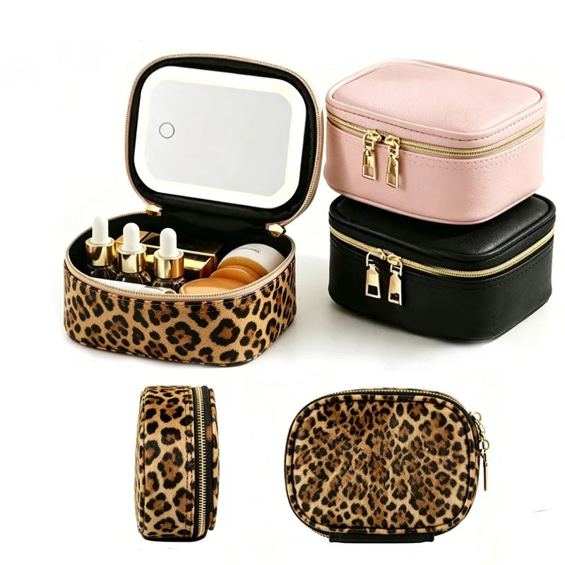 Portable LED Makeup Storage Bag with Mirror Rechargeable Cosmetic Organizer