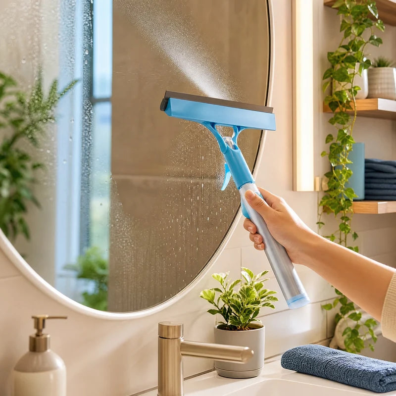 Handheld Glass Cleaner Squeegee with Spray & Sponge - Streak-Free Car Bathroom Kitchen