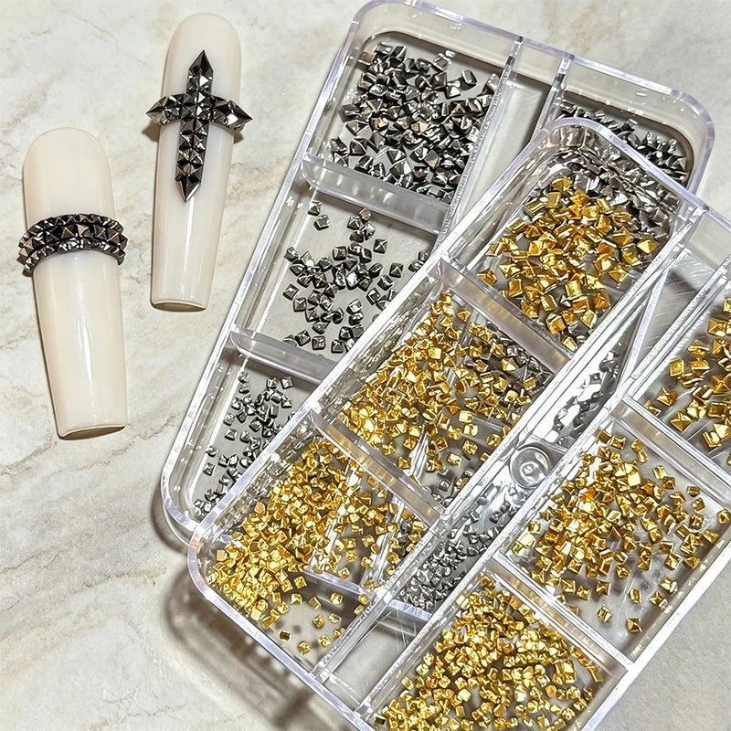 6-Grid Metal Rivets for Nail Art - Gold, Silver, Dark Grey, DIY Punk Accessories