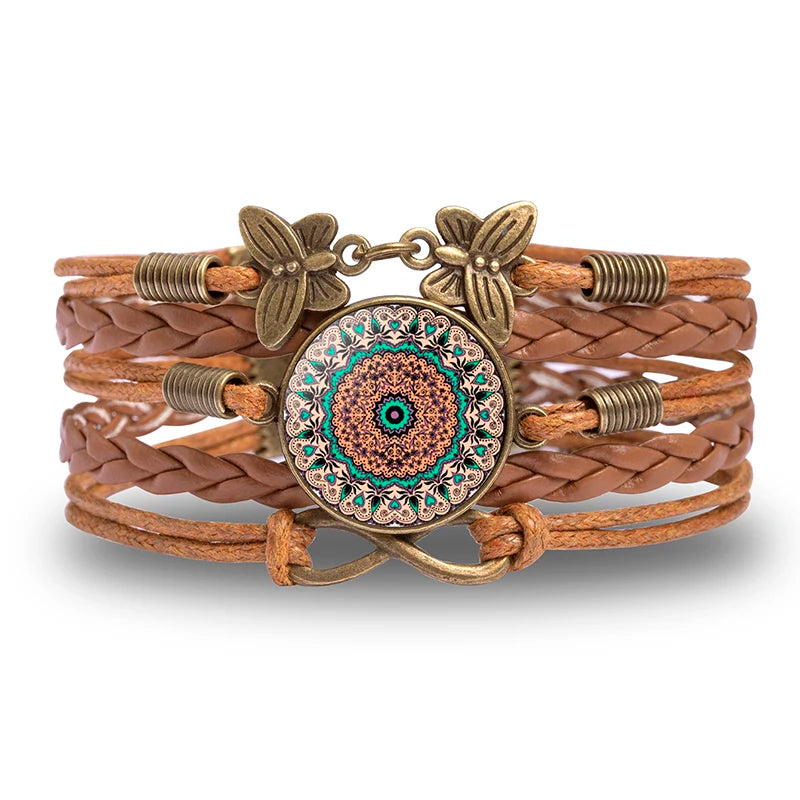 Vintage Mandala Flower Glass Dome Wrap Bracelet for Women - Multilayer Leather Jewelry