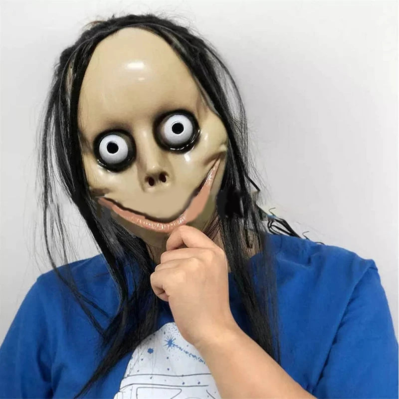 Halloween Ghost Mask with Long Hair V-Shaped Mouth Fun Mask for Costume Party