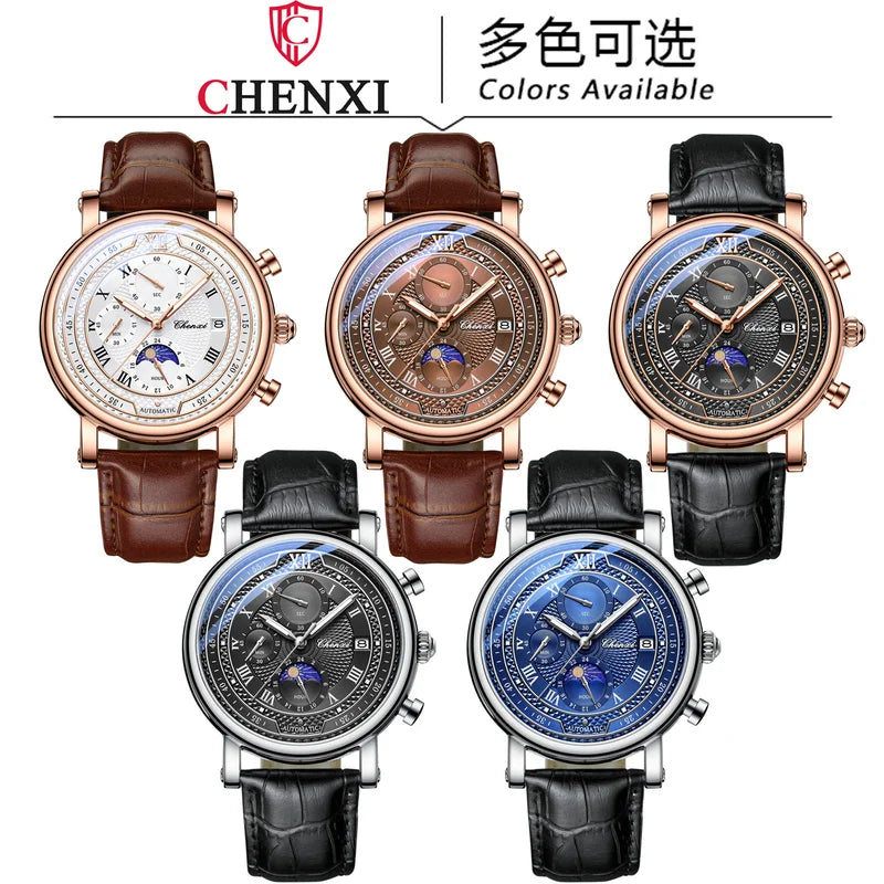 Men's Leather Chronograph Watch with Moon Phase and Luminous Quartz