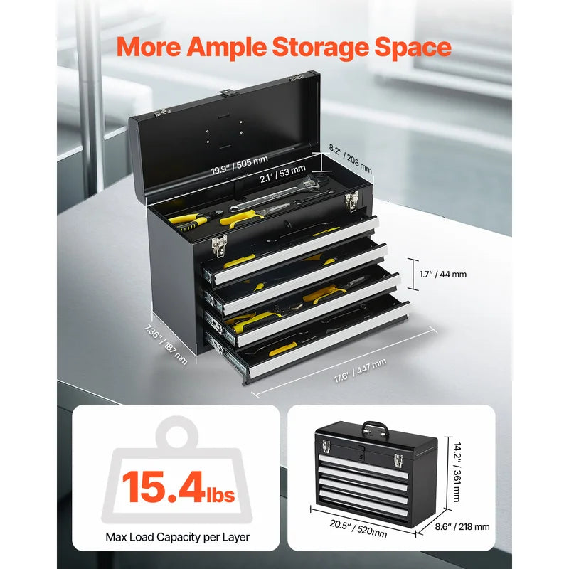 20.5-Inch Portable Metal Tool Box with 4 Drawers, Locking Organizer for Workshop