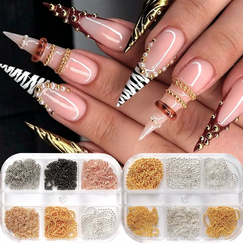 Metal Nail Chain Charms Set - Gold Silver Twisted Bead Links for Nail Art