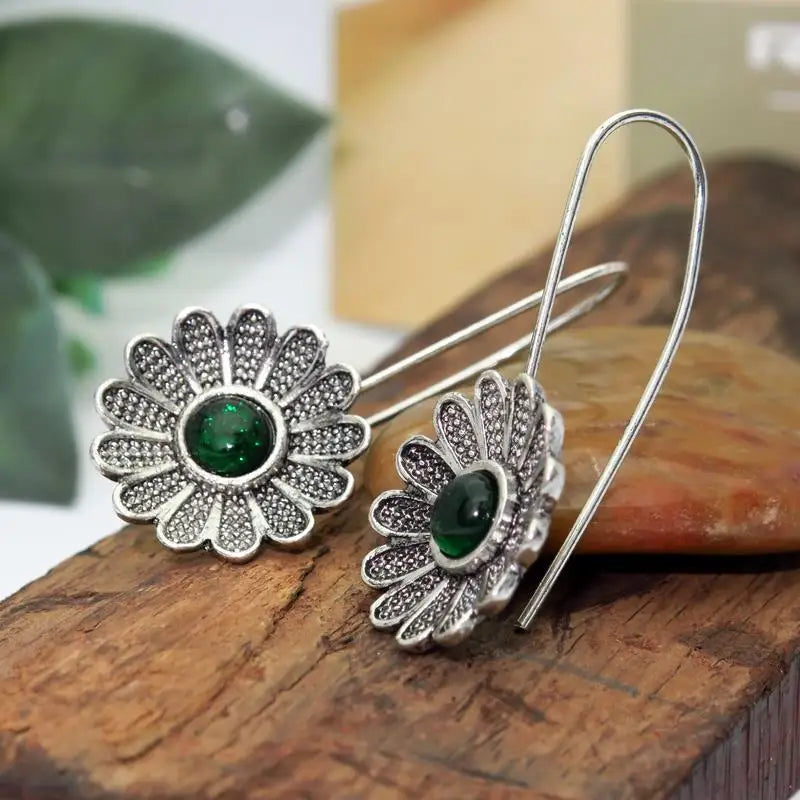 Vintage Green Flower Earrings for Women Silver Jewelry Gift