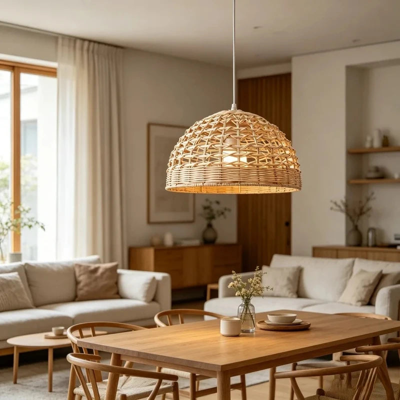 Boho Rattan Pendant Light - Hand Woven Bamboo Ceiling Lamp for Kitchen & Bedroom