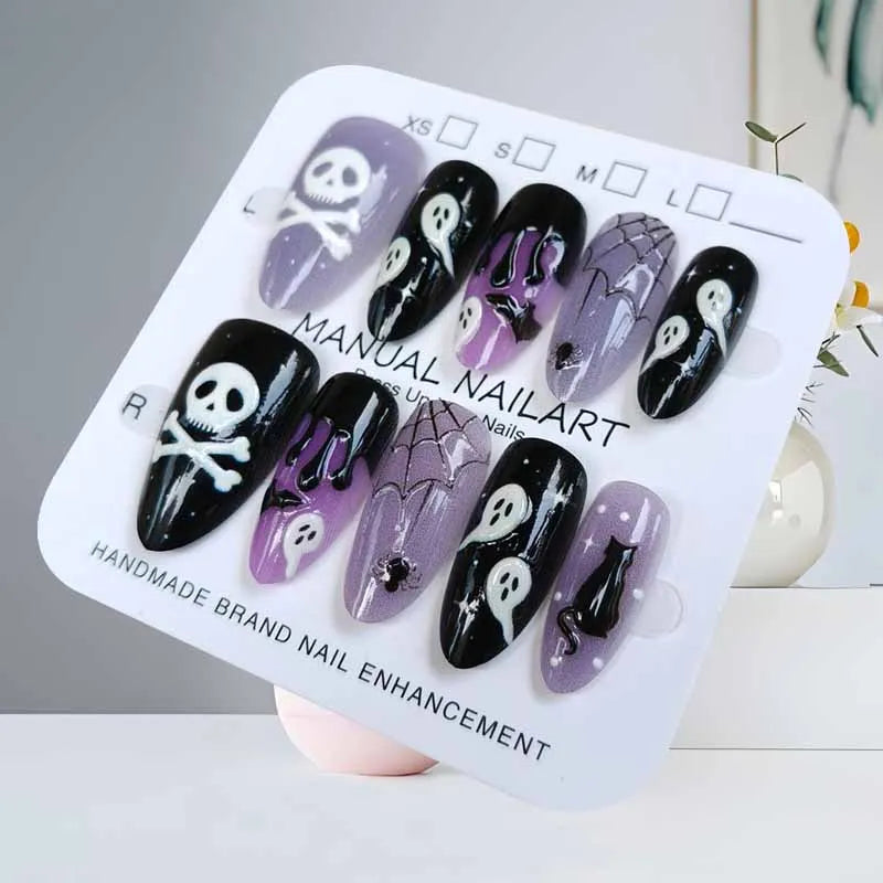 10Pcs French Style Cute 3D Short Almond False Nails with Cat Eye Design