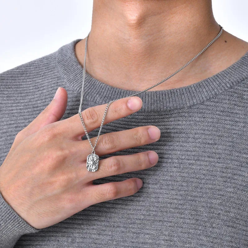 Men's Dog Tag Necklace with Star Pendant - Silver Hammered Stainless Steel