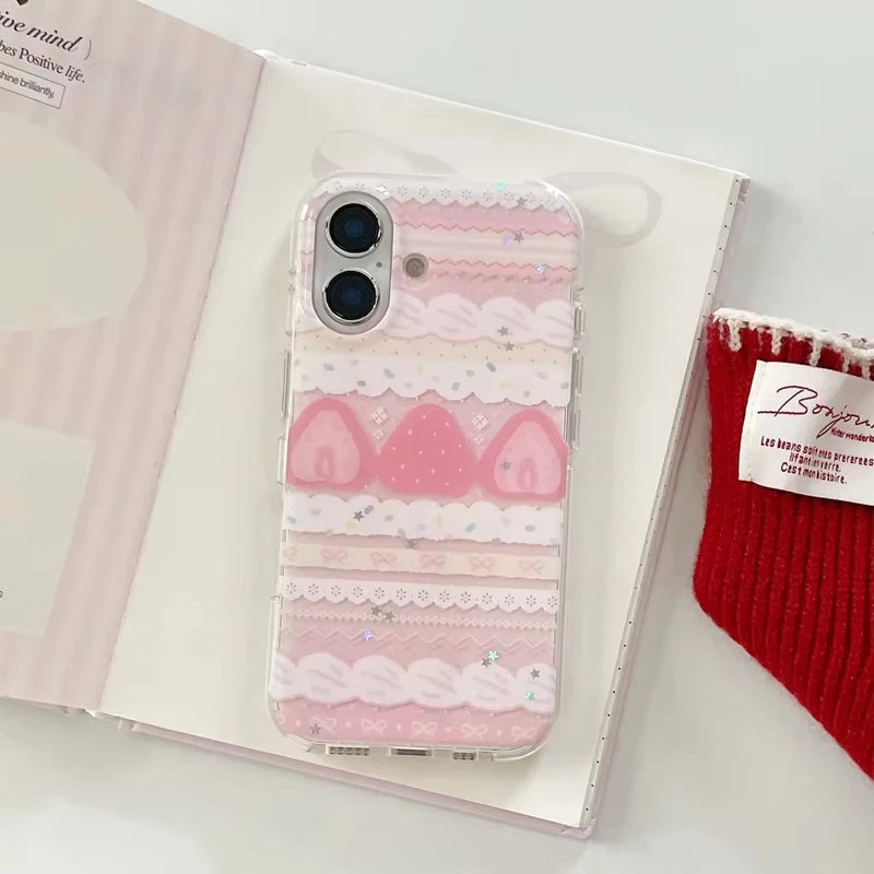 Cream Strawberry Cake Lace Bowknot Phone Case for iPhone - Shockproof Silicone Cover