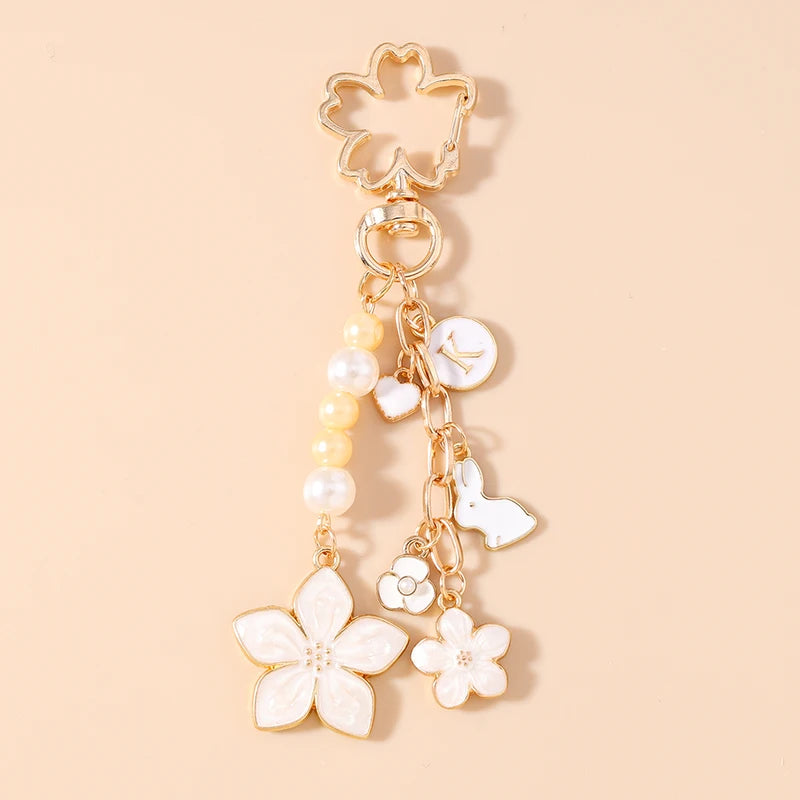 Enamel Flower Keychain for Women Girls Pearl Crystal Pendant Handbag Accessory Gift