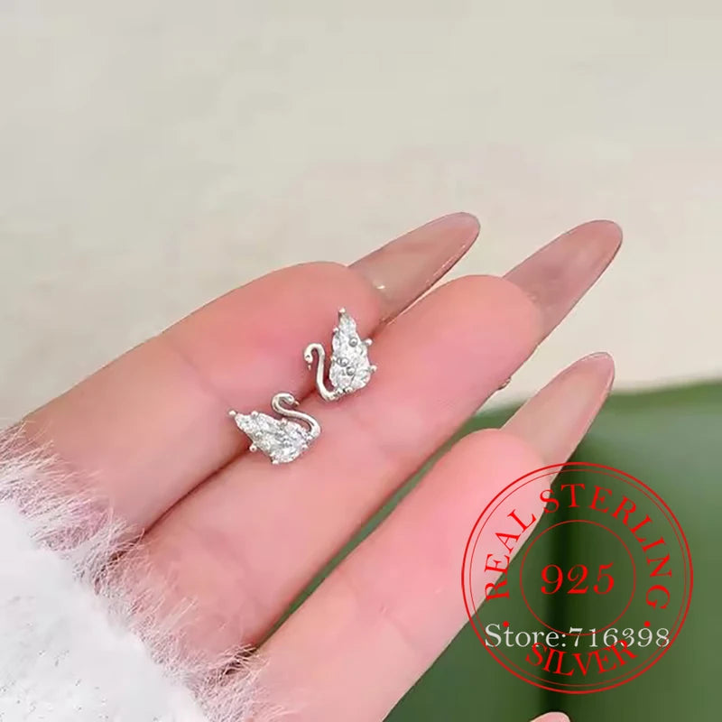 Sterling Silver Zircon Swan Stud Earrings for Women Jewelry Gift