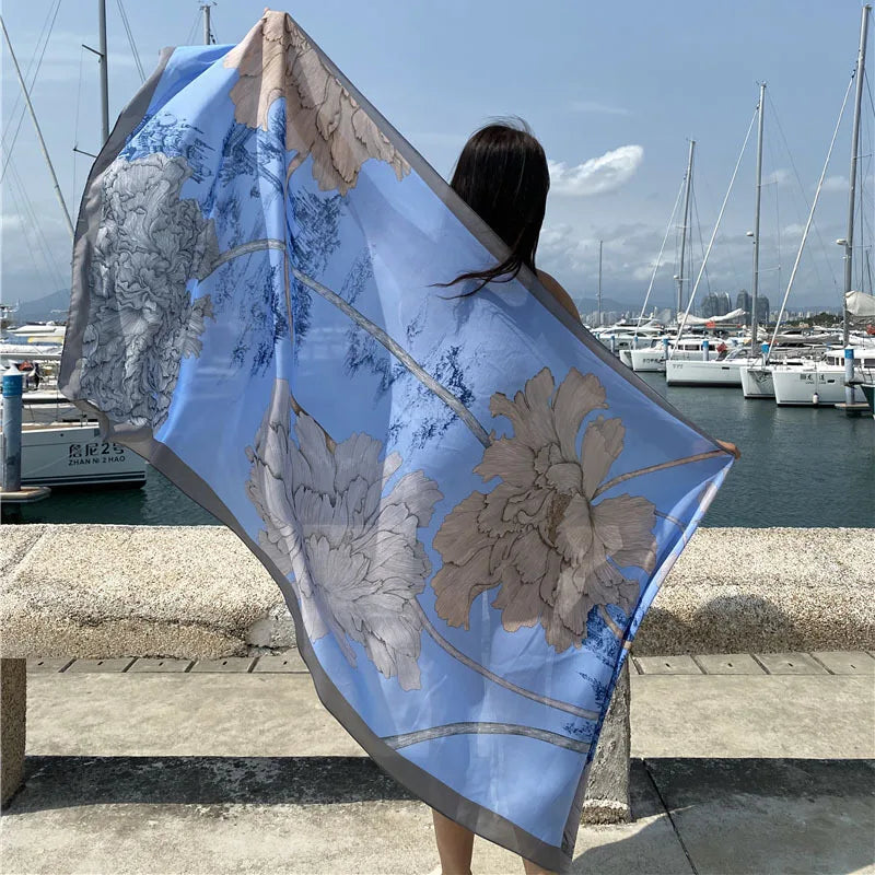 Luxury Floral Silk Beach Cover-Up Sarong Wrap for Women 90x180cm